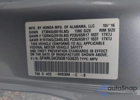2016 Honda Odyssey Se from USA, damaged, VIN 5FNRL5H35GB153835